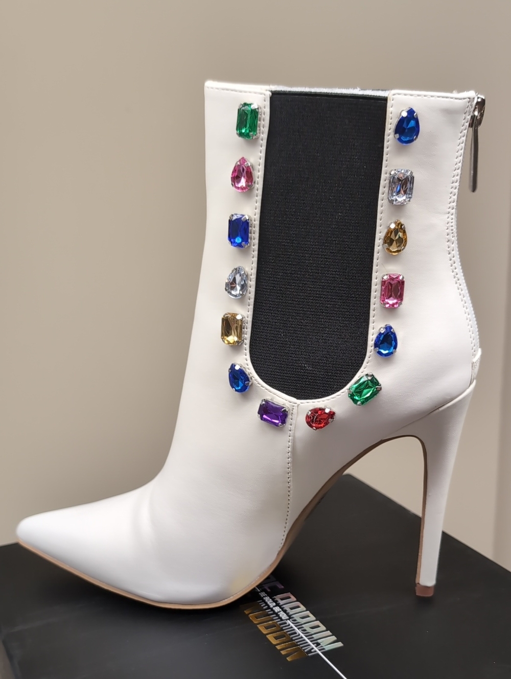 Cape Robbin White Gemstone-Trim Stiletto Ankle Boots